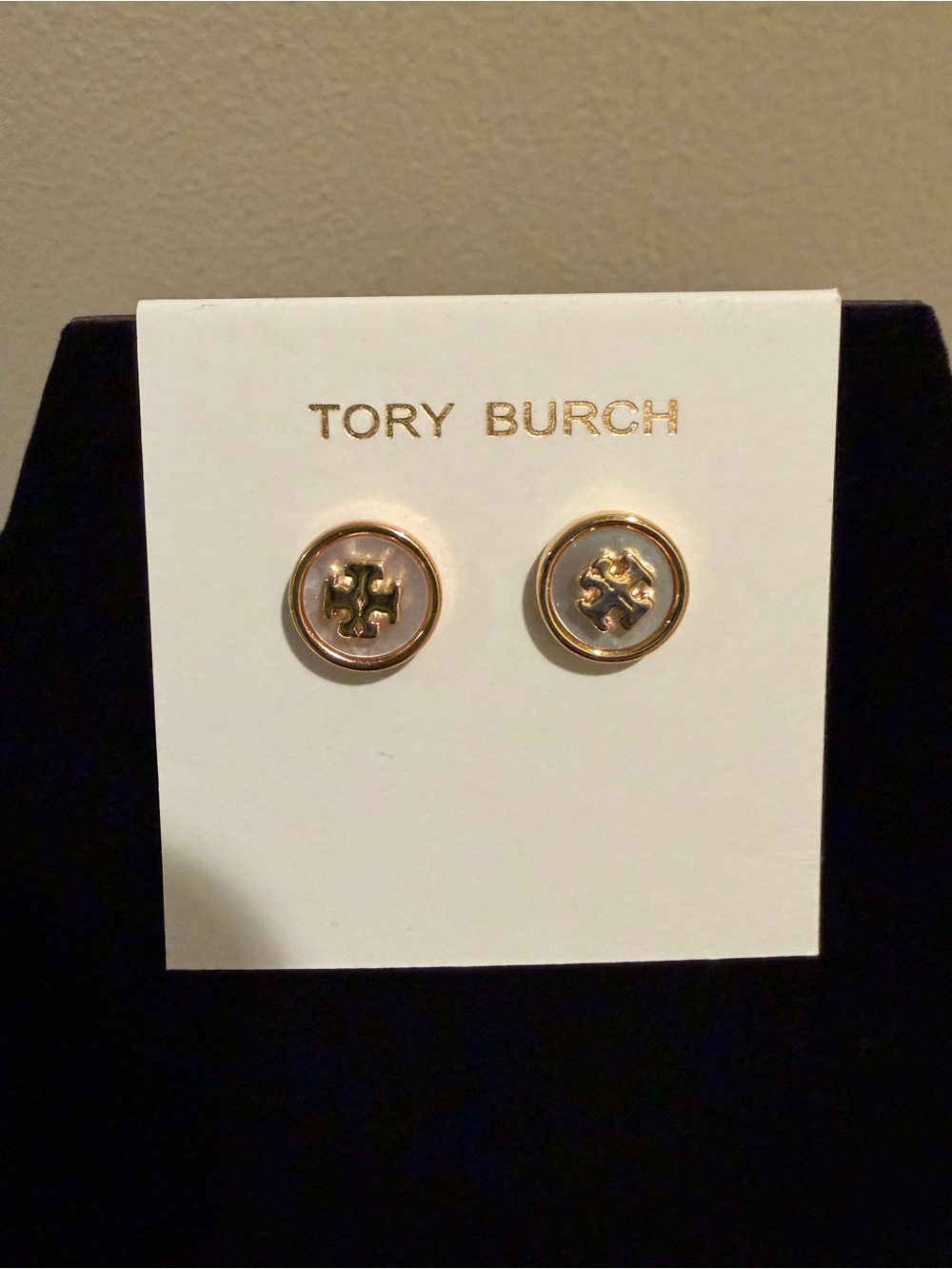 Tory Burch mother of pearl and Gold Logo Round Stud Earrings
